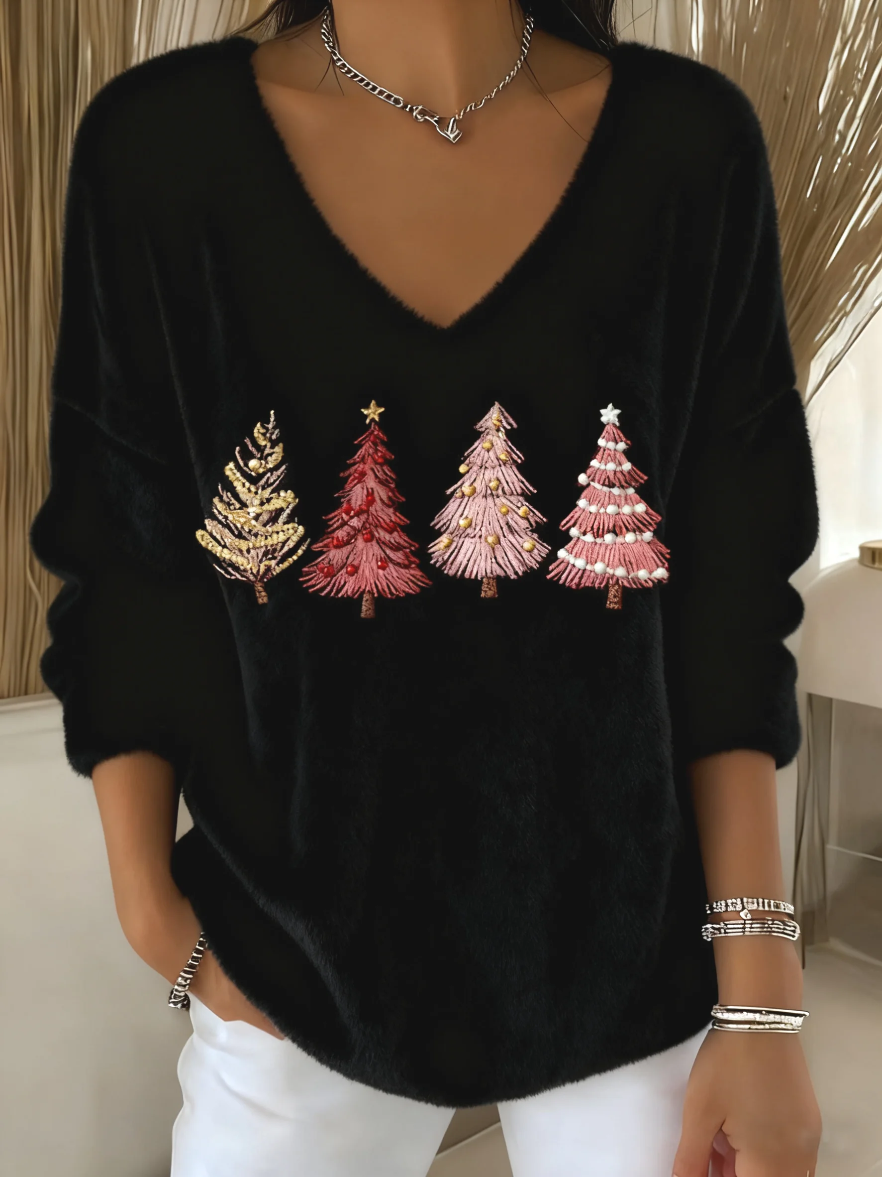 Casual Plain V Neck Long Sleeve T-shirt