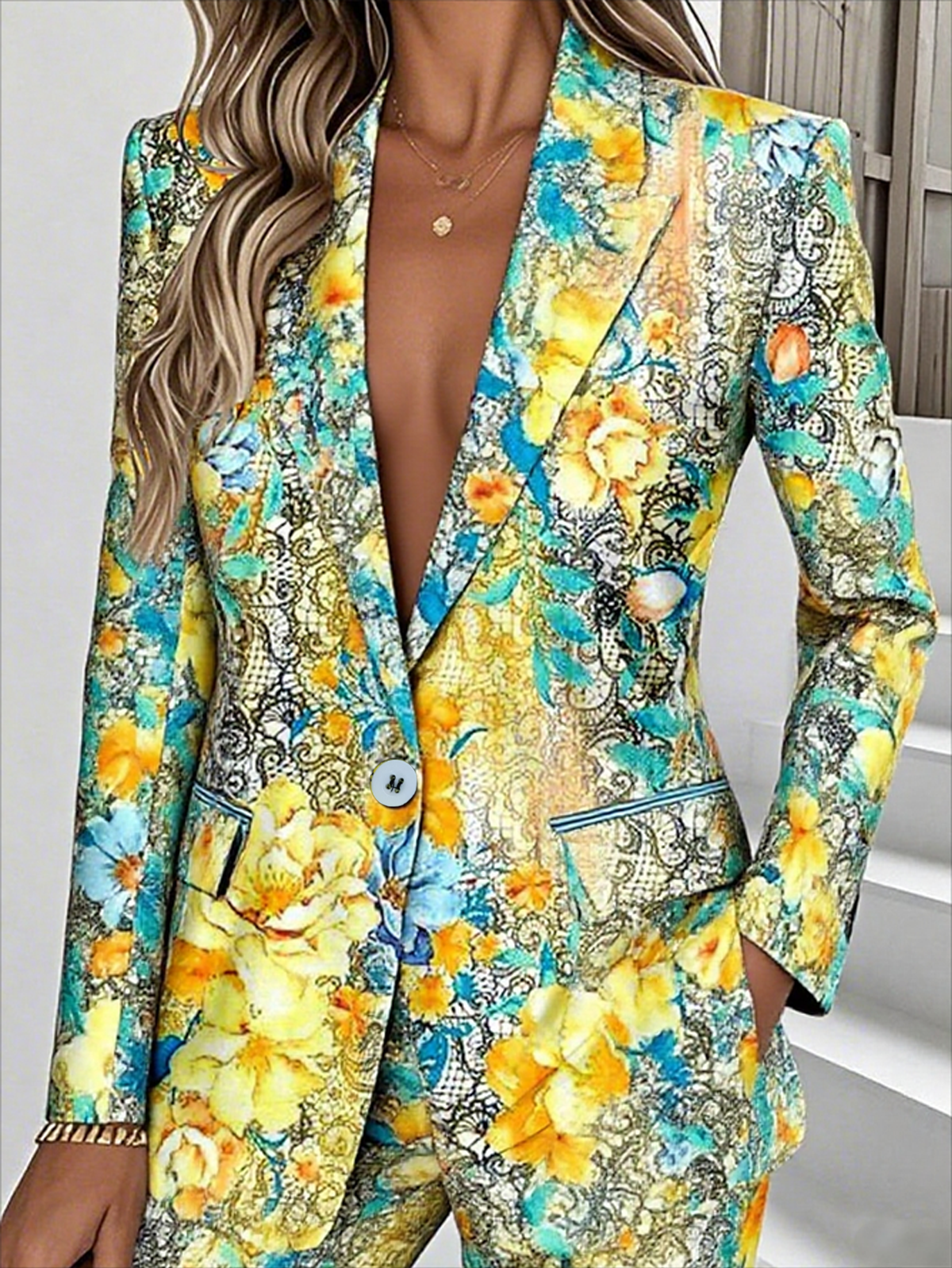 Women Floral Spring/Fall Outerwear Simple Long Sleeve Lapel Collar Regular Blazer