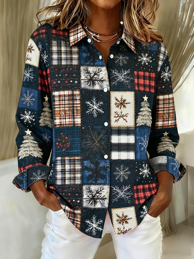 Shirt Collar Regular Sleeve Long Sleeve Christmas Buckle Regular Loose Button Up Shirt Shirt For Women