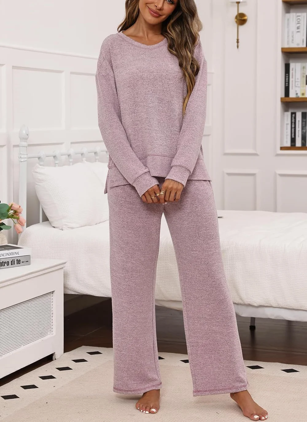 Casual Crew Neck Plain Regular Fit Pajama Set