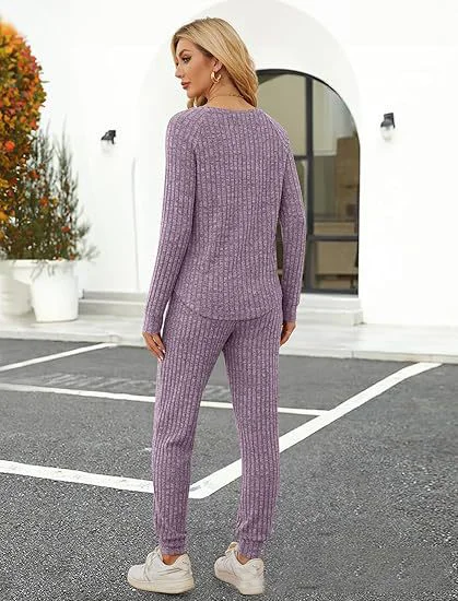 Crew Neck Casual Plain Pajama Set
