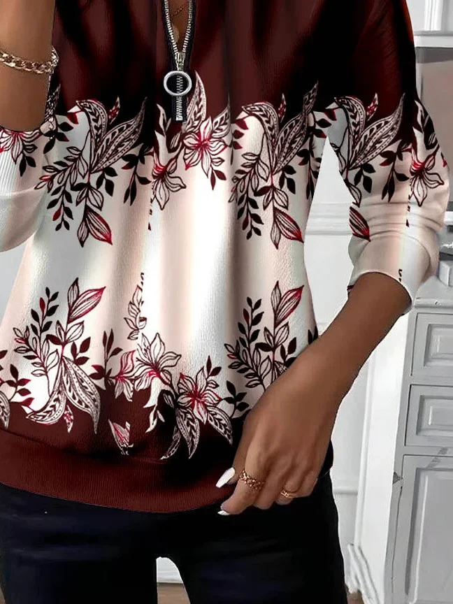 Casual Crew Neck Floral Sweatshirt Printing