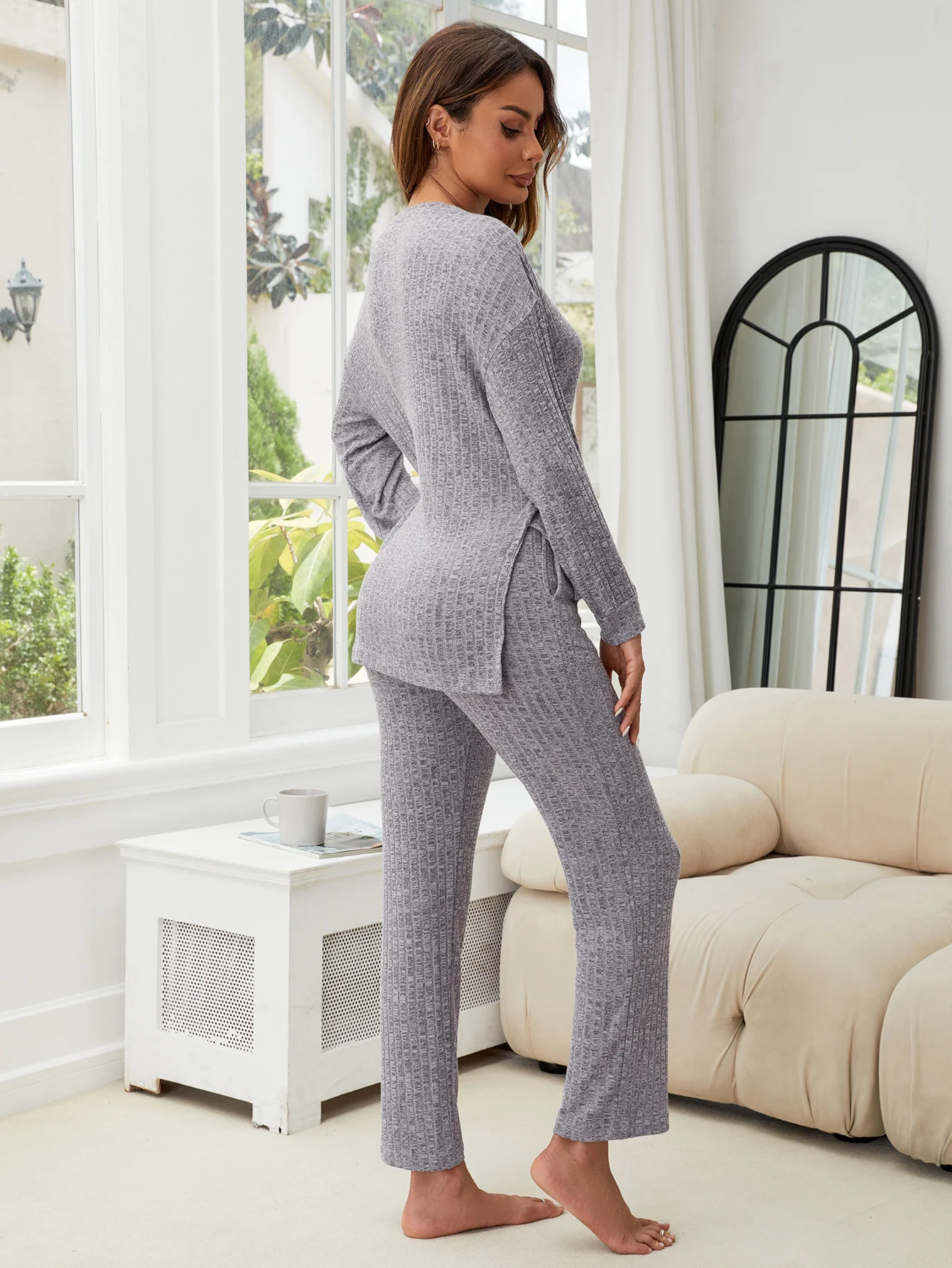 Regular Fit Plain Crew Neck Casual Pajama Set