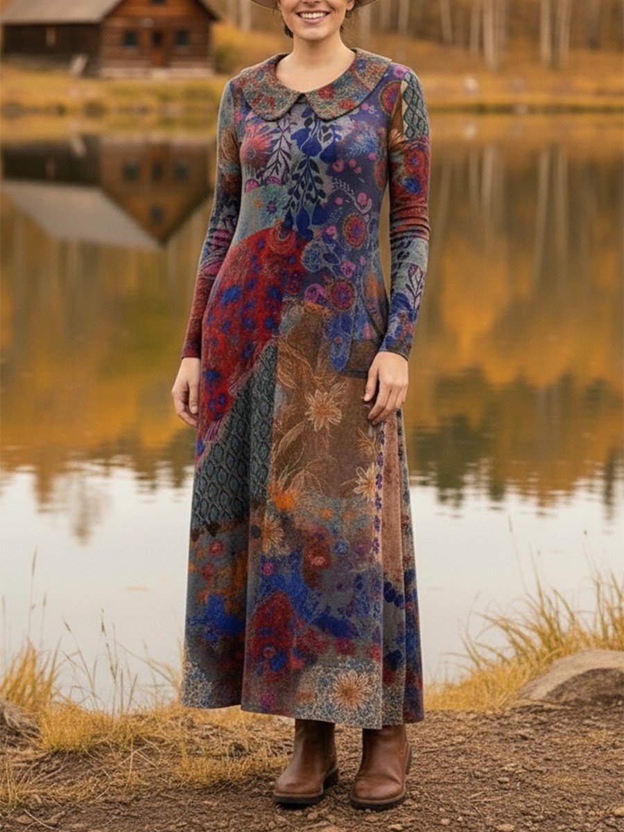 Women Floral Spring/Fall Dress Shawl Collar Long Sleeve A-Line Dress