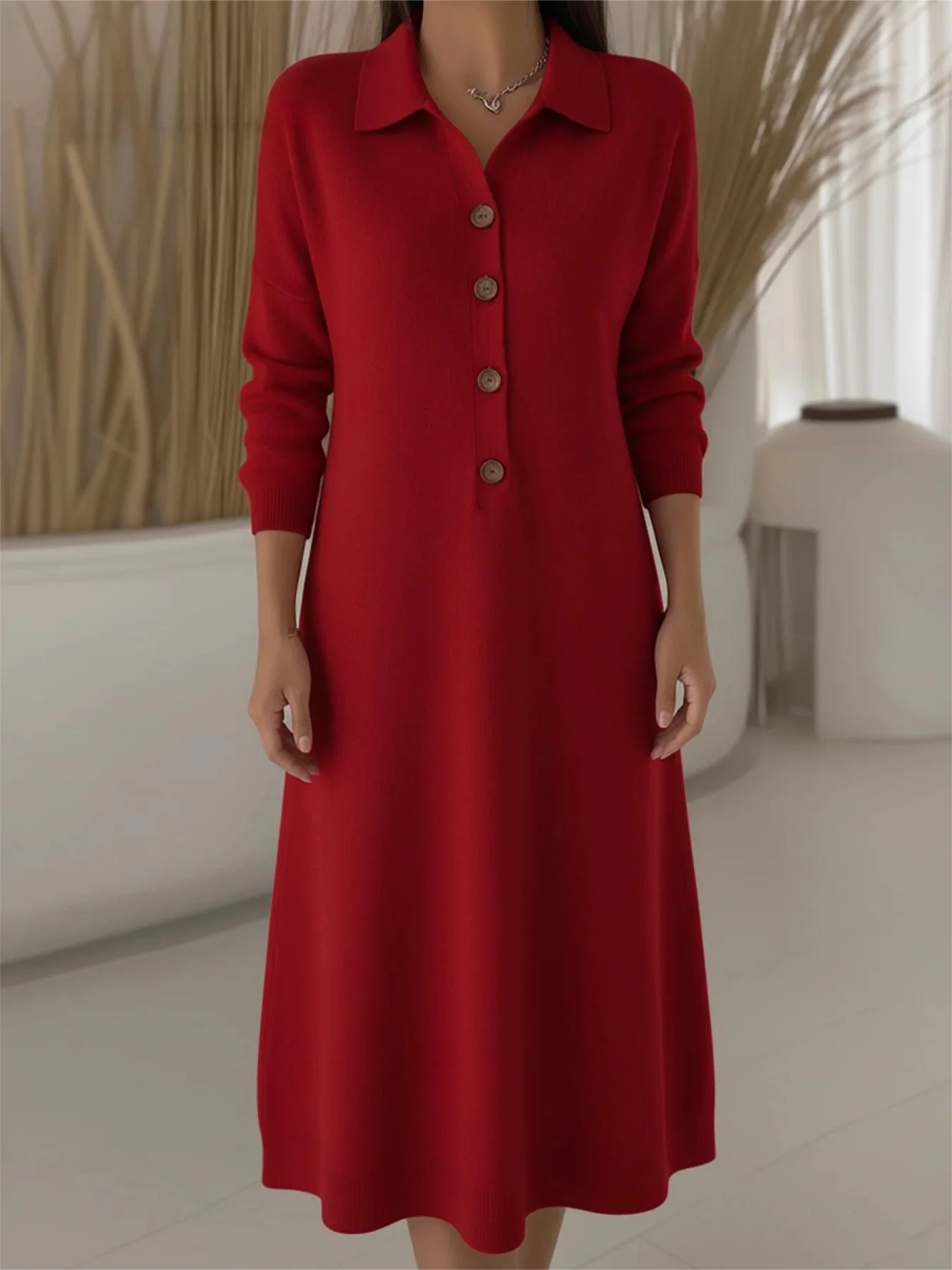Women Plain Autumn Dress Shawl Collar Long Sleeve H-Line Dress