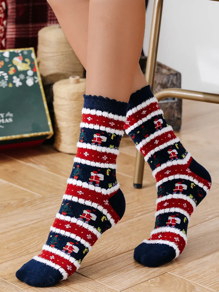 Women's Christmas Socks Autumn And Winter Fur Socks Santa Claus Elk Christmas Tree Snowman Snowflake Striped Gift Mid-tube Christmas Socks