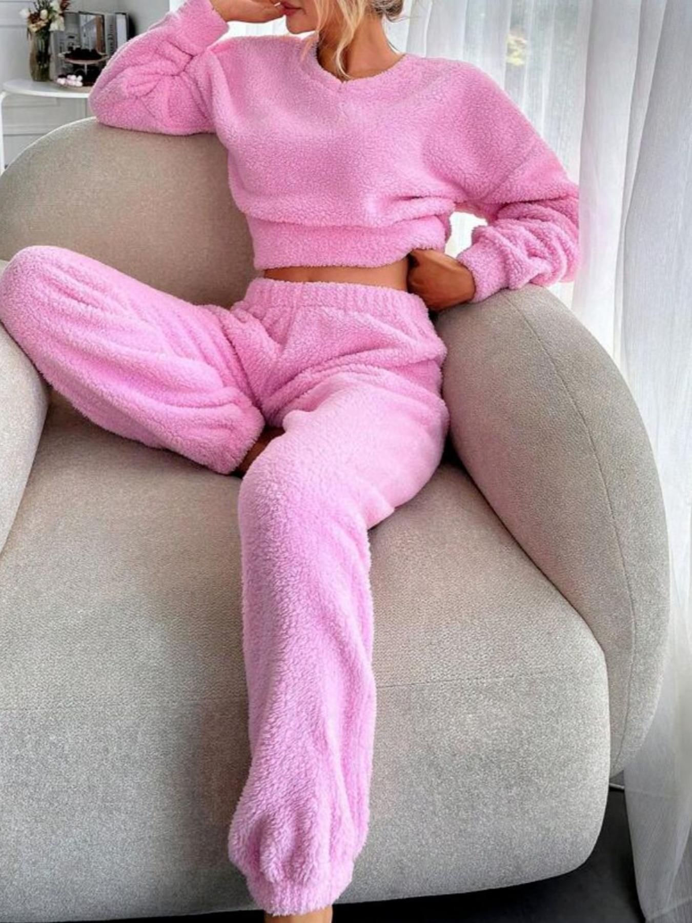 Regular Fit Casual V Neck Plain Pajama Set