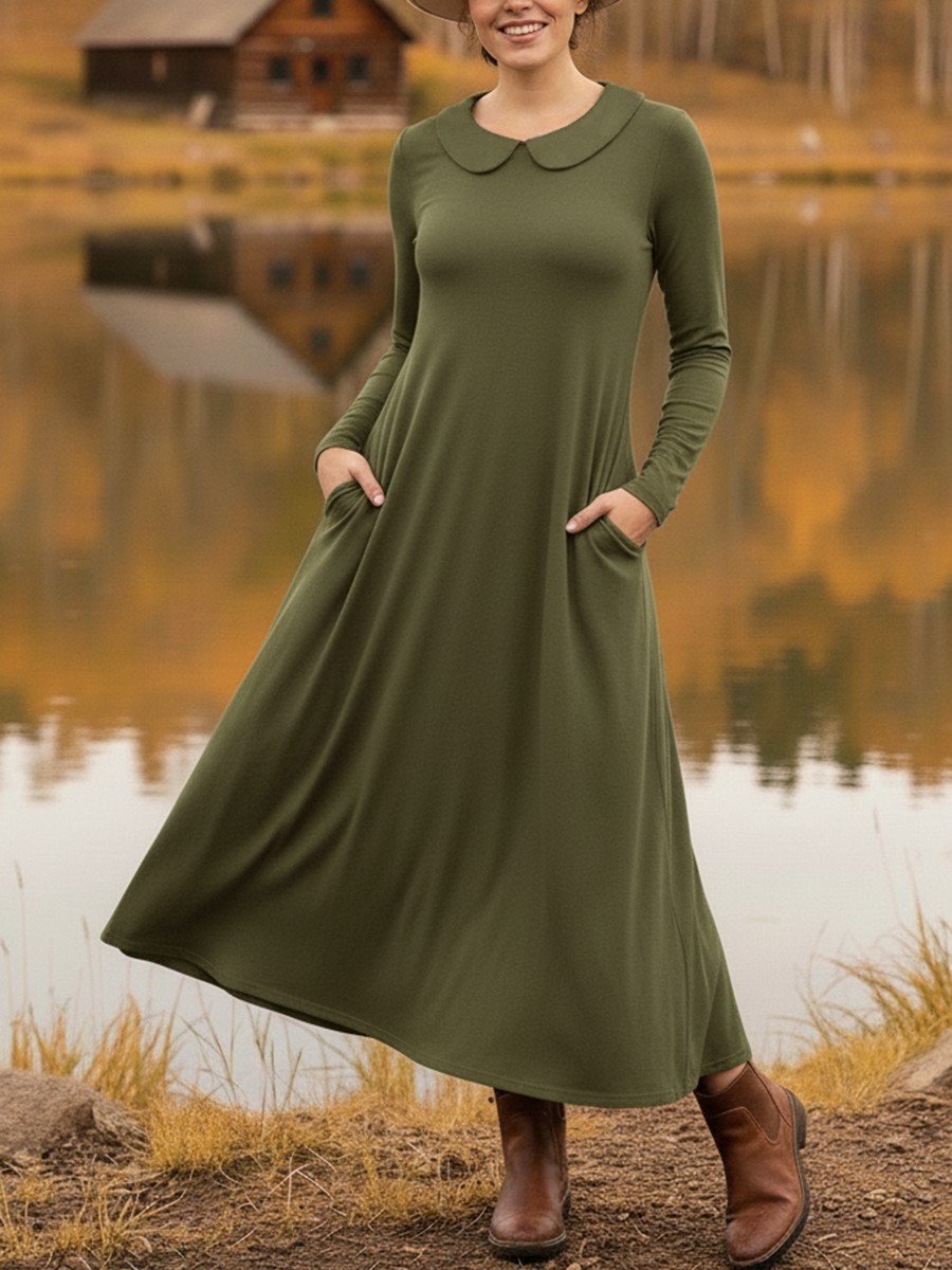 Women Plain Spring/Fall Dress Shawl Collar Long Sleeve A-Line Dress
