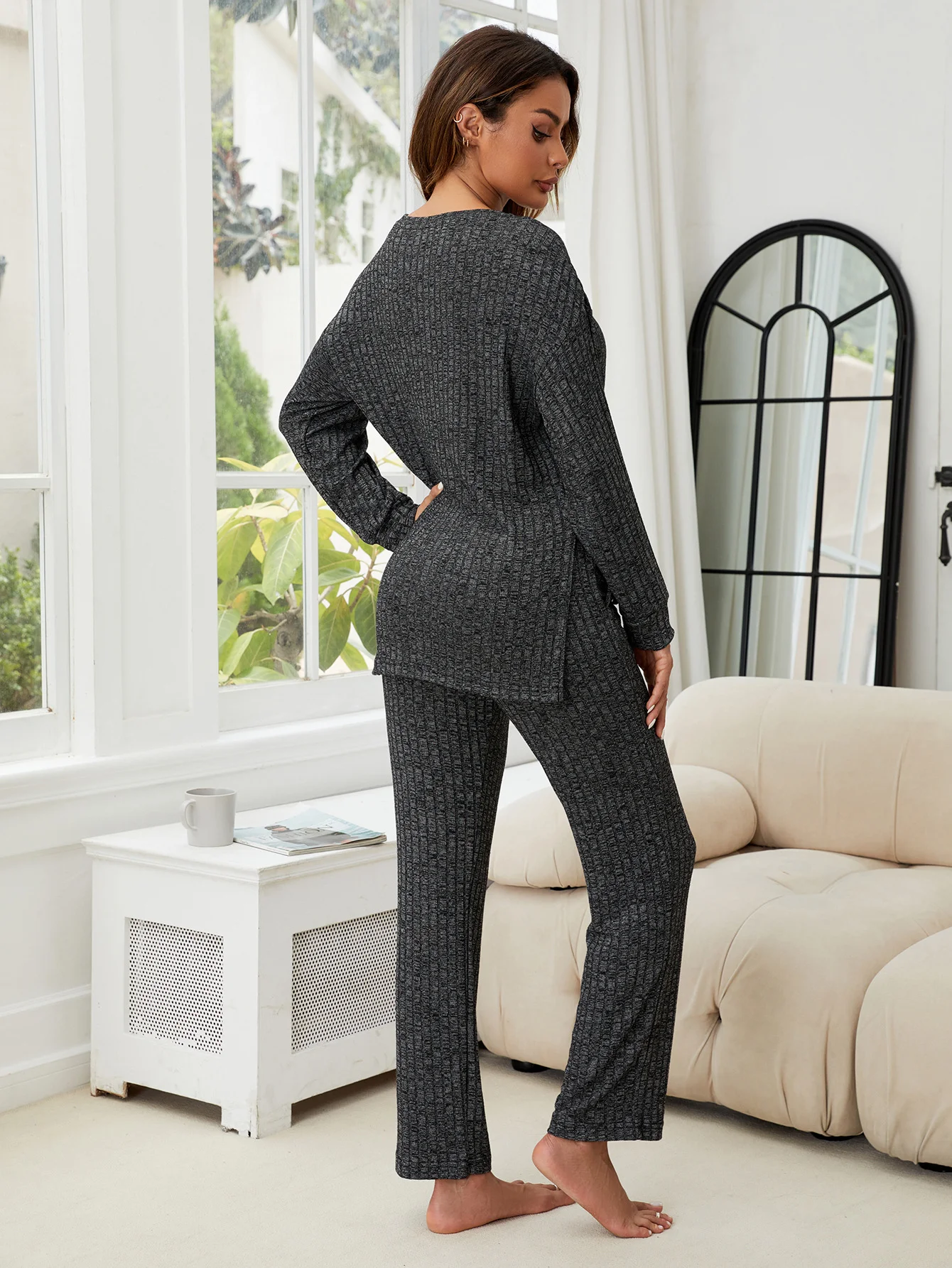 Regular Fit Plain Crew Neck Casual Pajama Set