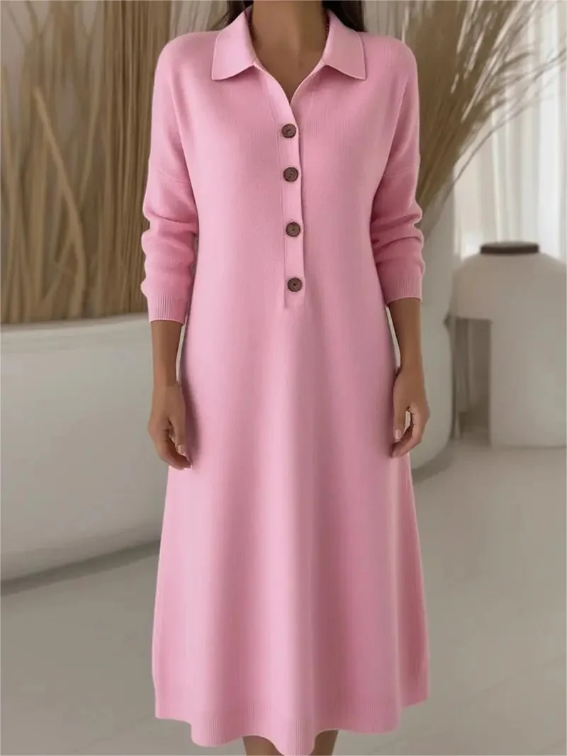 Women Plain Autumn Dress Shawl Collar Long Sleeve H-Line Dress