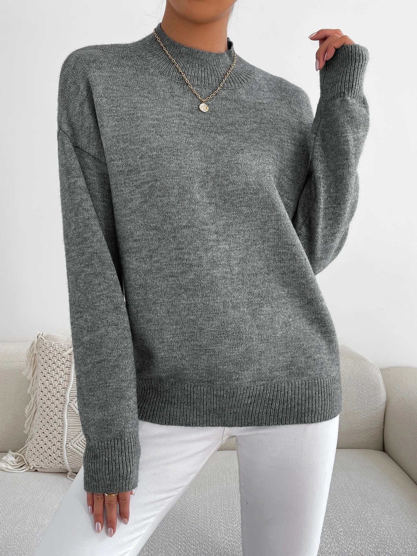 Women Plain Long Sleeve Comfy Street Split Joint Sweater