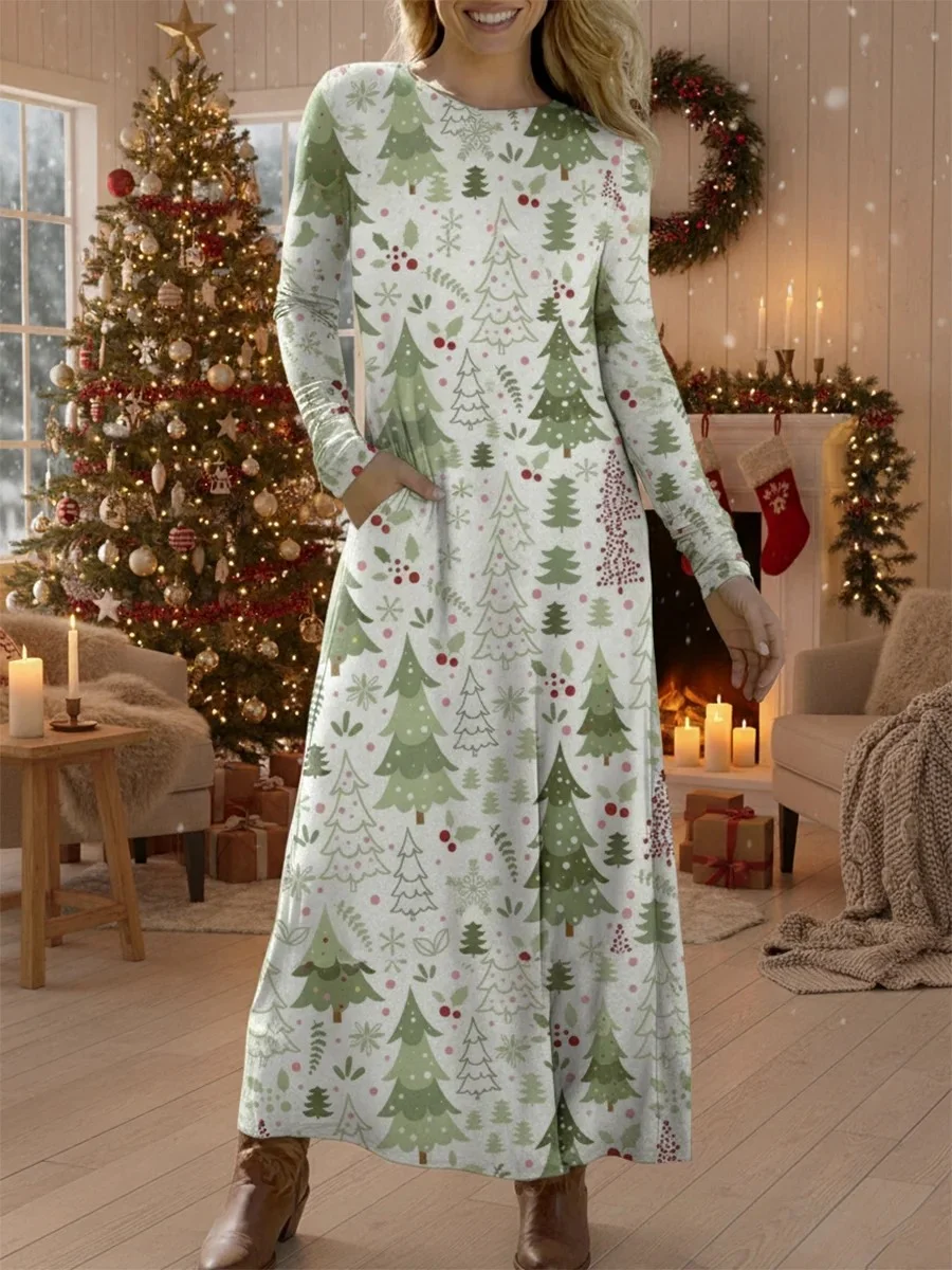 Women Christmas Summer Dress Crew Neck Long Sleeve H-Line Dress
