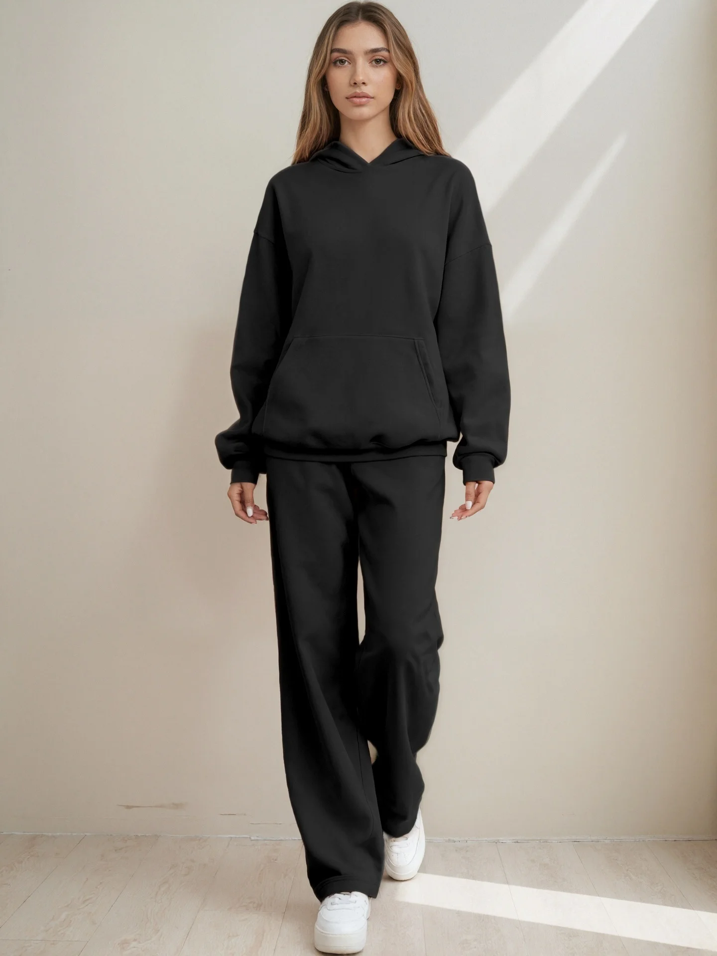 Women Plain Two-Piece Set Daily Long Sleeve Casual Spring/Fall Top With Pants Matching Set