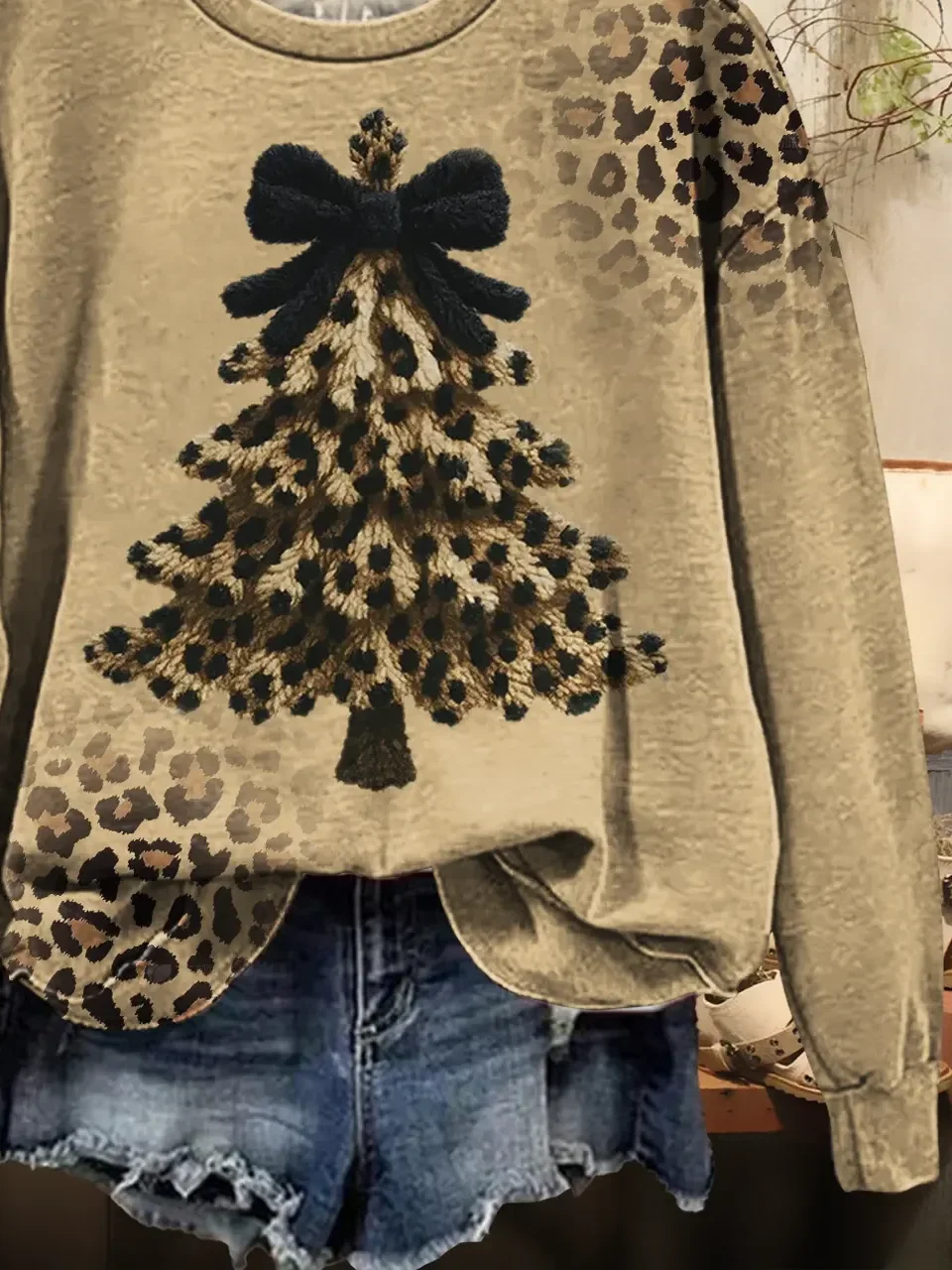 Casual Crew Neck Leopard Sweatshirt Printing