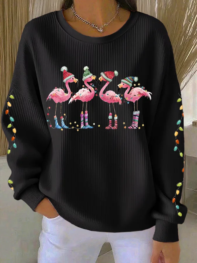 Casual Crew Neck Flamingo Sweatshirt Printing