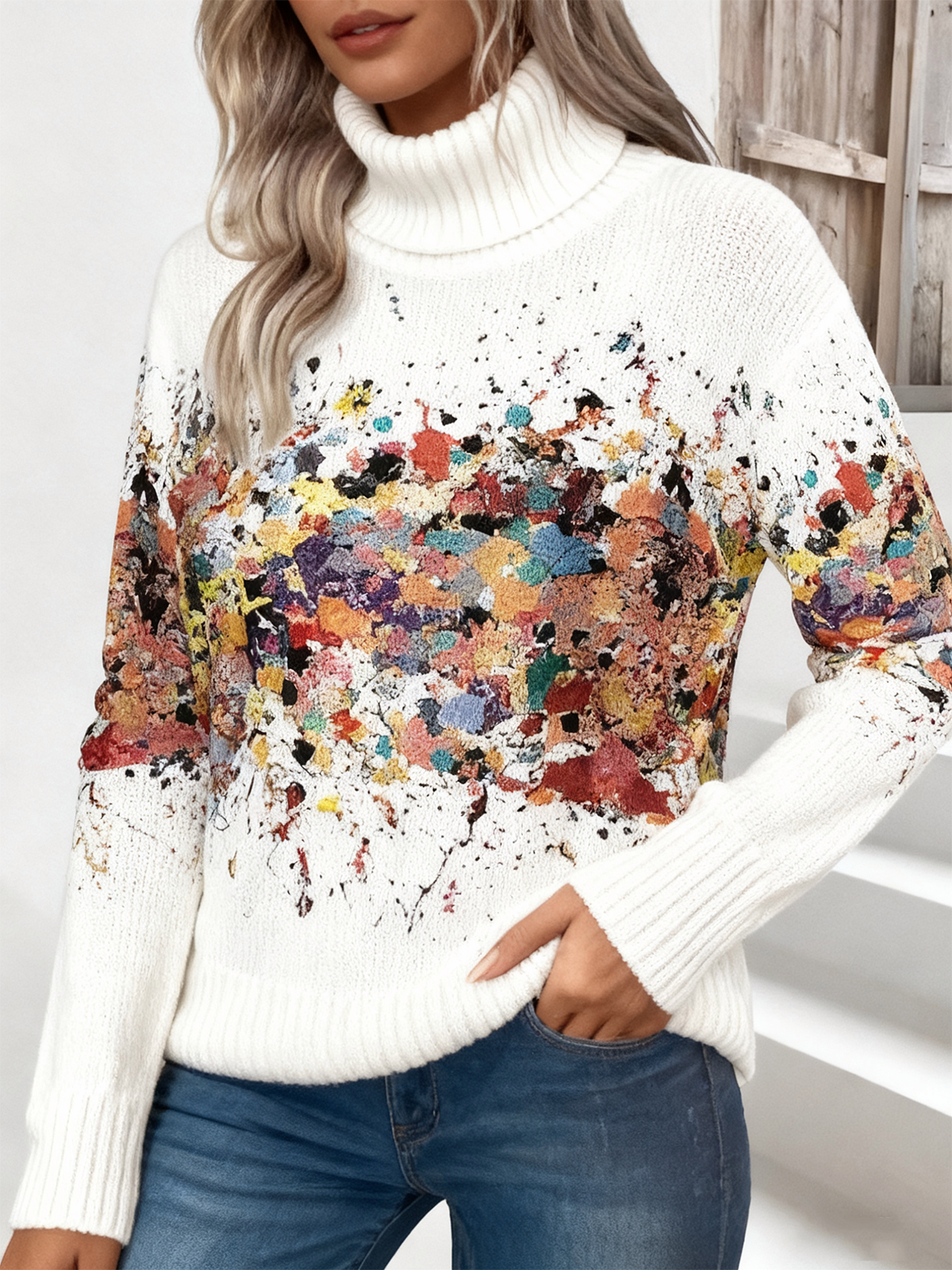 Women Gradient Pattern Long Sleeve Comfy Vintage Sweater