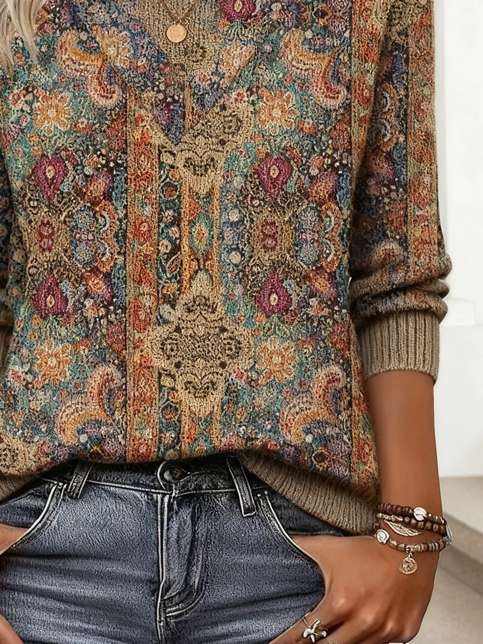 Women Geometric Long Sleeve Comfy Vintage Sweater