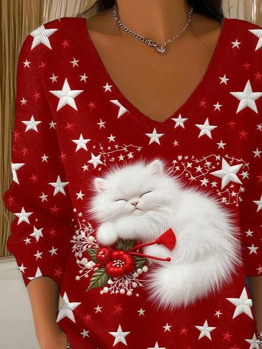 Casual Star V Neck Long Sleeve T-shirt