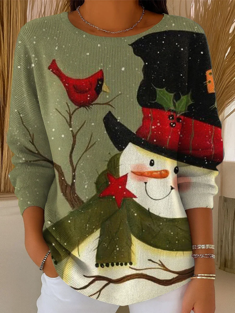 Women Christmas Snowman Long Sleeve Comfy Casual Printing Sweater