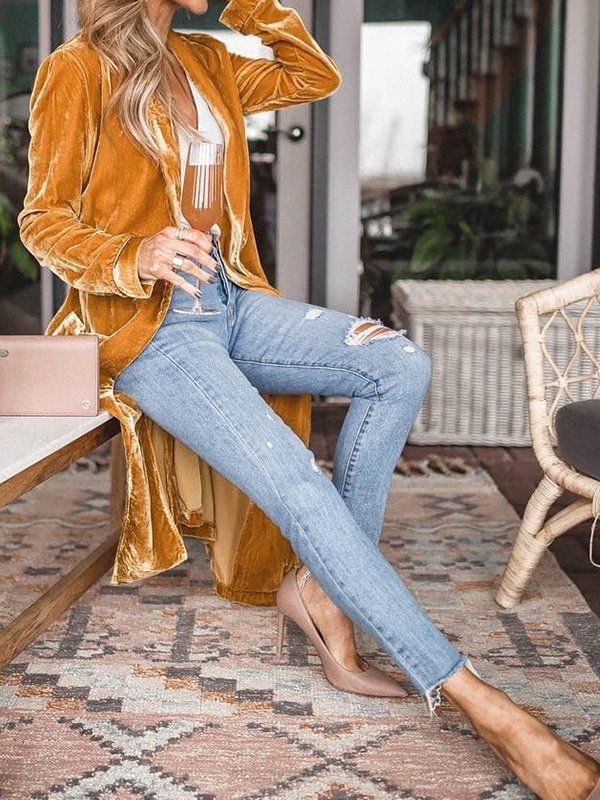 Women Spring/Fall Outerwear Vintage Split Joint Plain Long Sleeve Shawl Collar Jacket