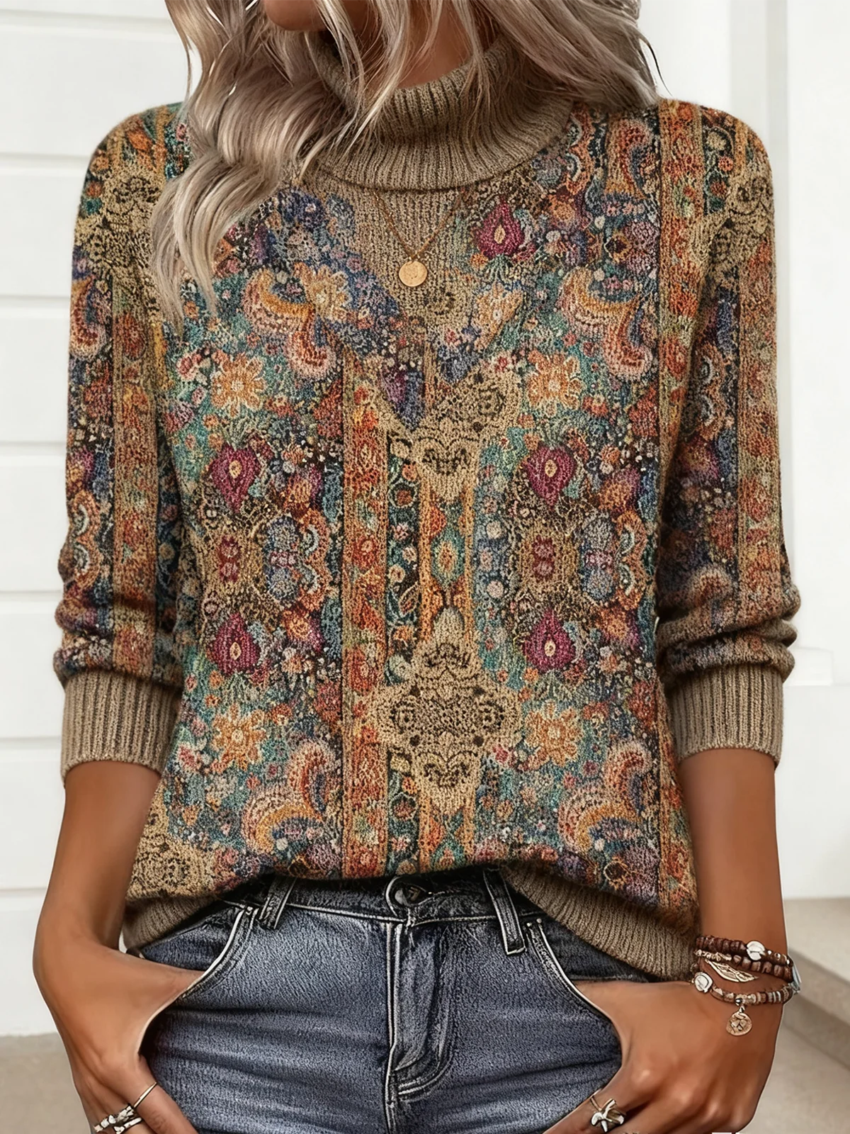 Women Geometric Long Sleeve Comfy Vintage Sweater