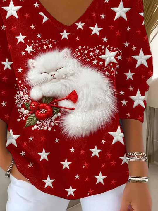 Casual Star V Neck Long Sleeve T-shirt