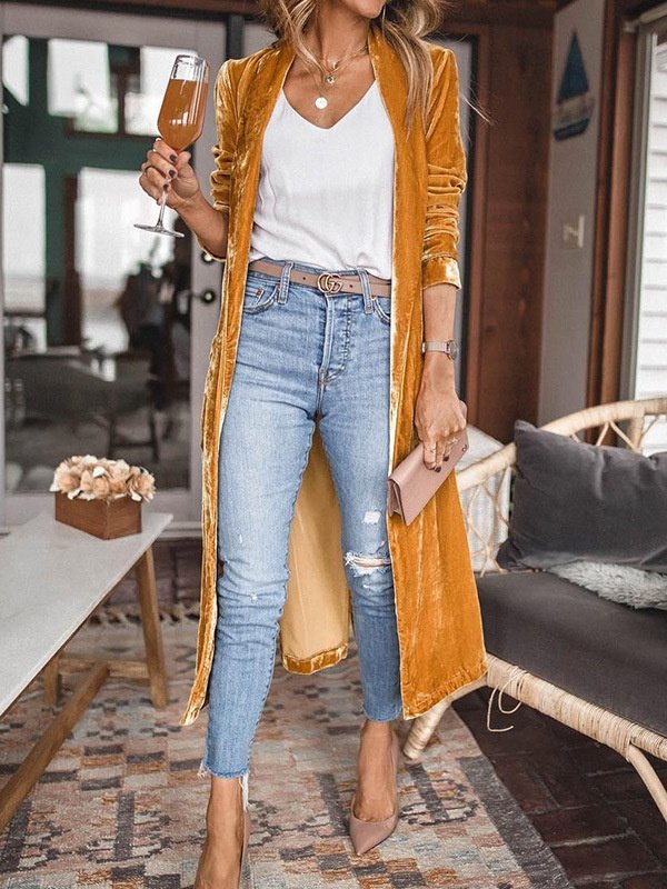 Women Spring/Fall Outerwear Vintage Split Joint Plain Long Sleeve Shawl Collar Jacket