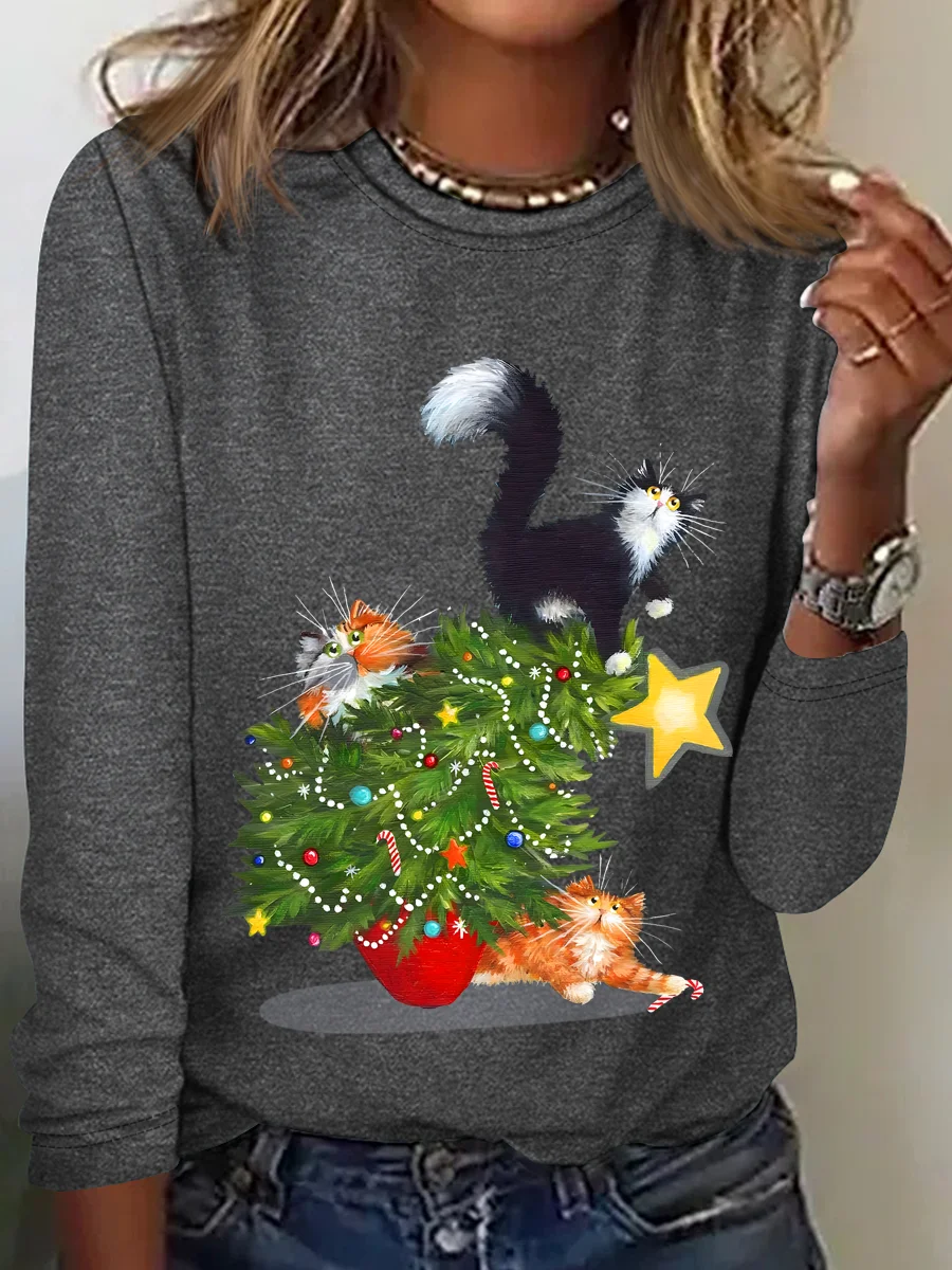 Casual Christmas Crew Neck Long Sleeve T-shirt