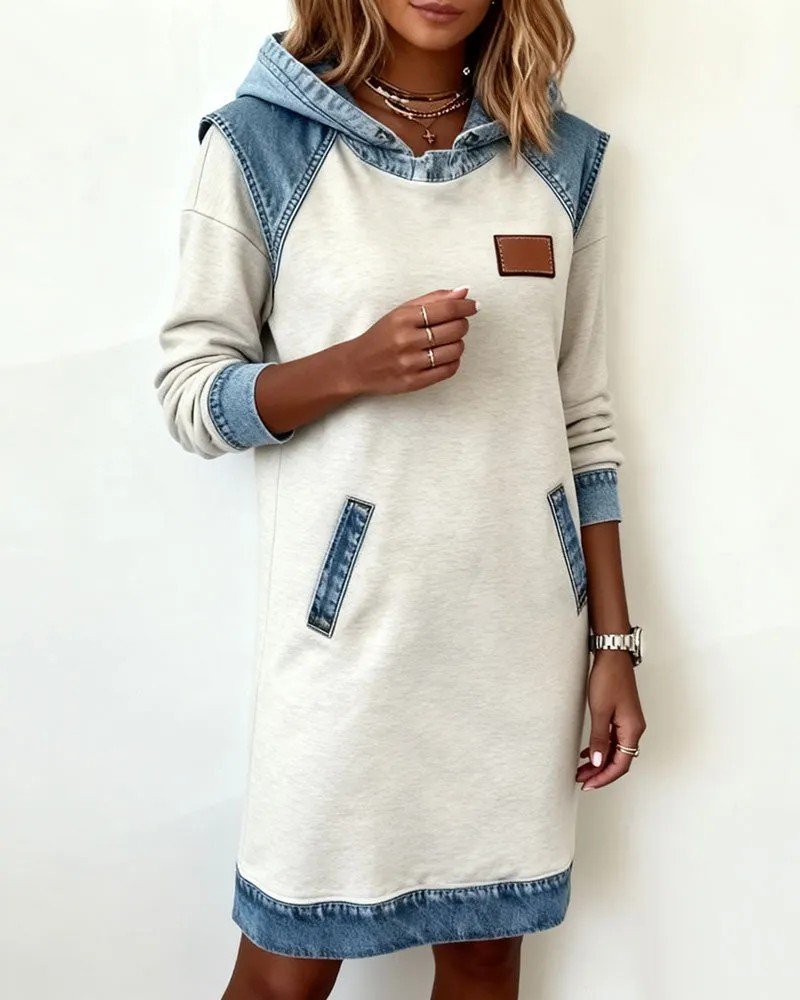 Women Multicolor Block All Season Dress Hoodie Long Sleeve H-Line Dress