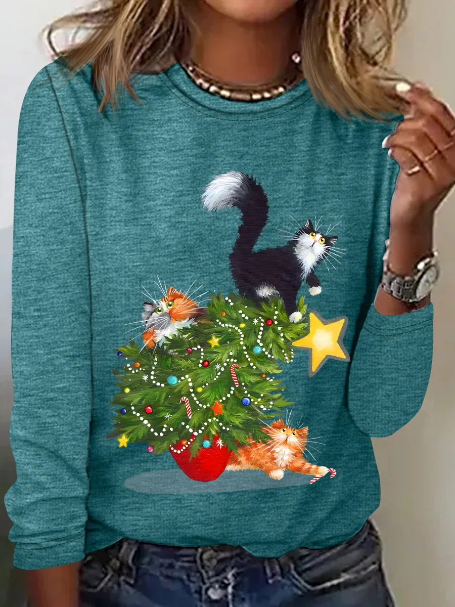 Casual Christmas Crew Neck Long Sleeve T-shirt