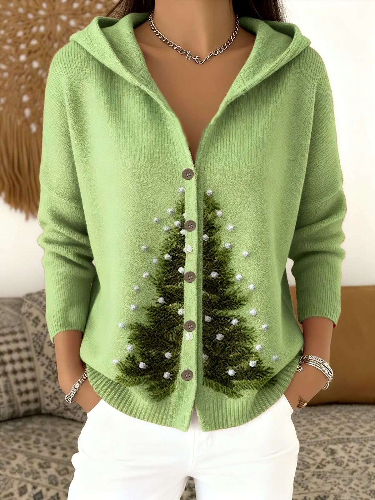 Women Wool/Knitting Christmas Long Sleeve Comfy Casual Cardigan