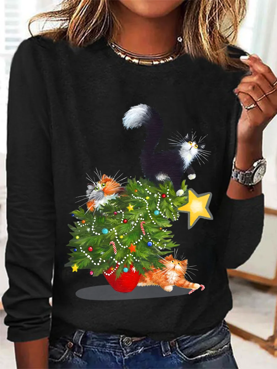 Casual Christmas Crew Neck Long Sleeve T-shirt