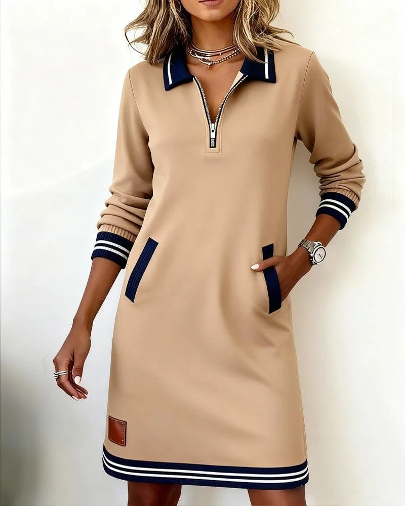 Women Multicolor Block Spring/Fall Dress Shawl Collar Long Sleeve H-Line Dress