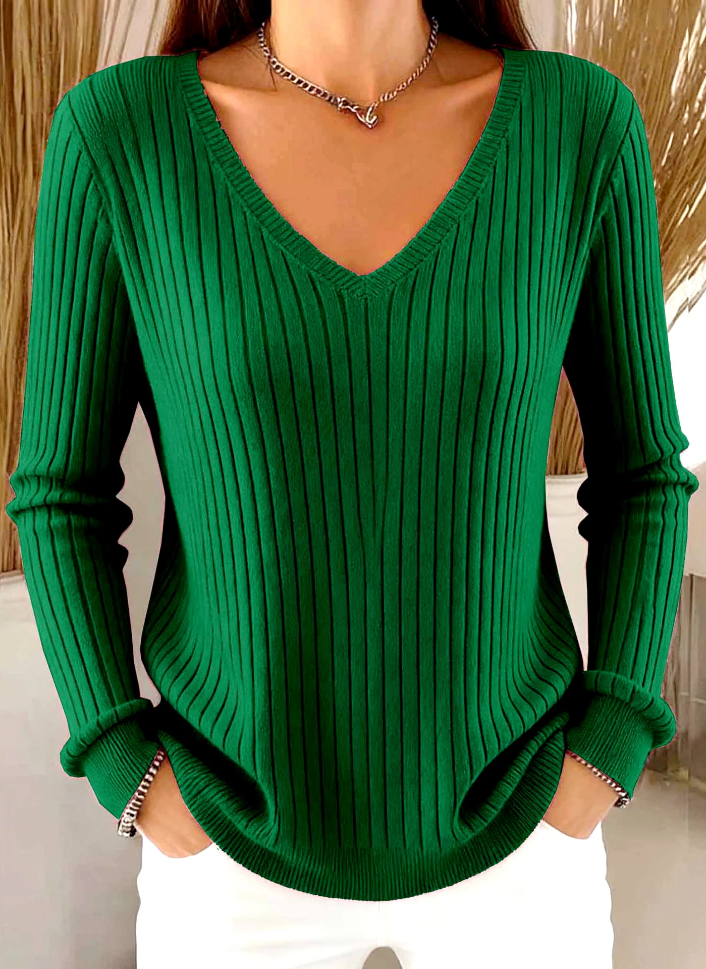 Casual Plain V Neck Long Sleeve T-shirt