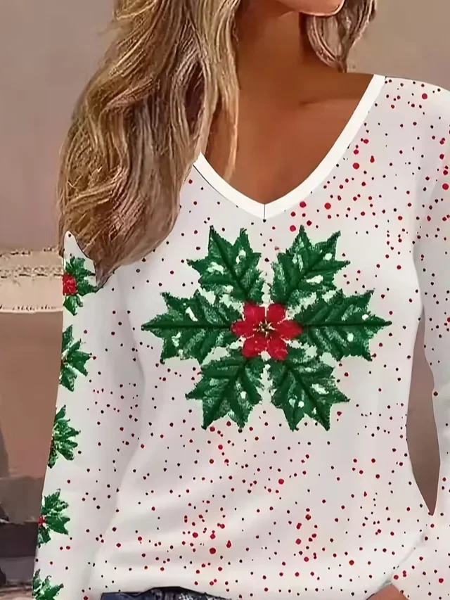 Casual Christmas V Neck Long Sleeve T-shirt
