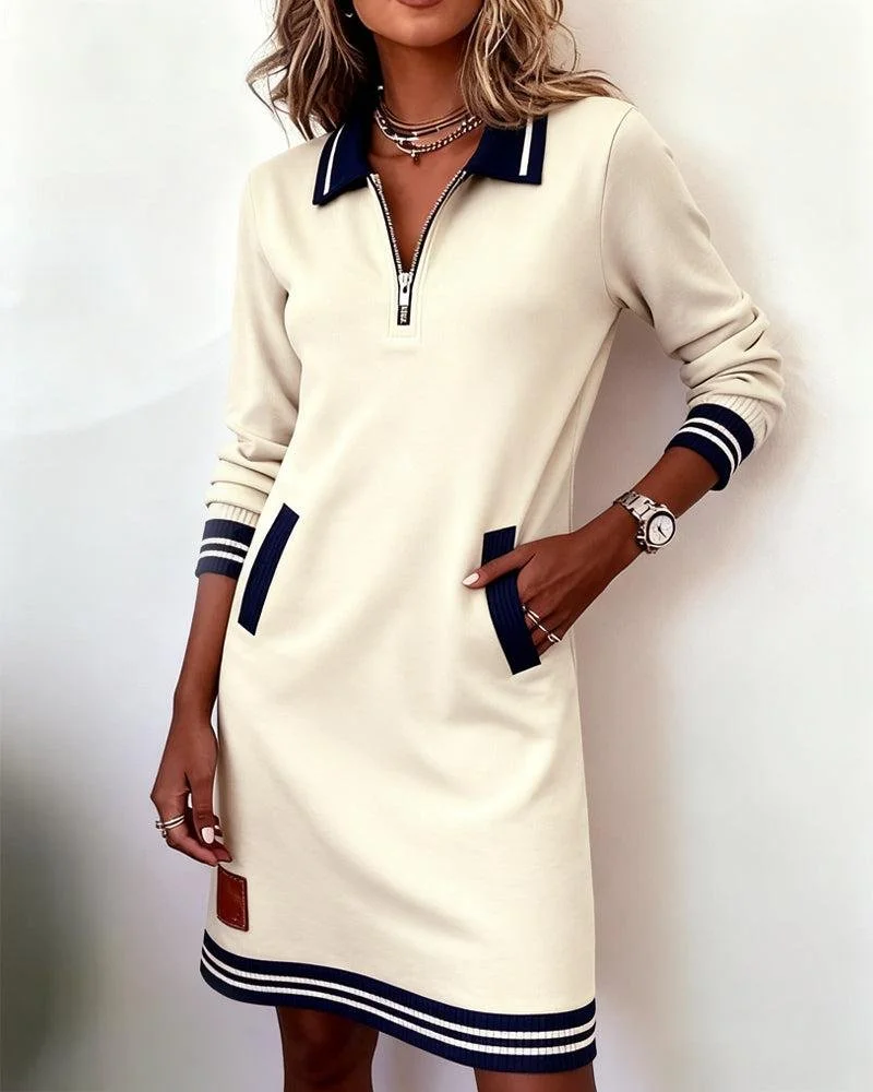 Women Multicolor Block Spring/Fall Dress Shawl Collar Long Sleeve H-Line Dress