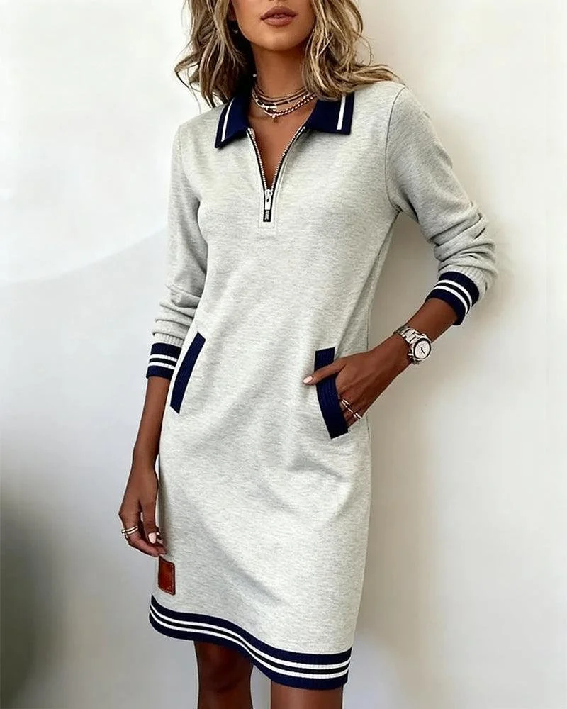 Women Multicolor Block Spring/Fall Dress Shawl Collar Long Sleeve H-Line Dress