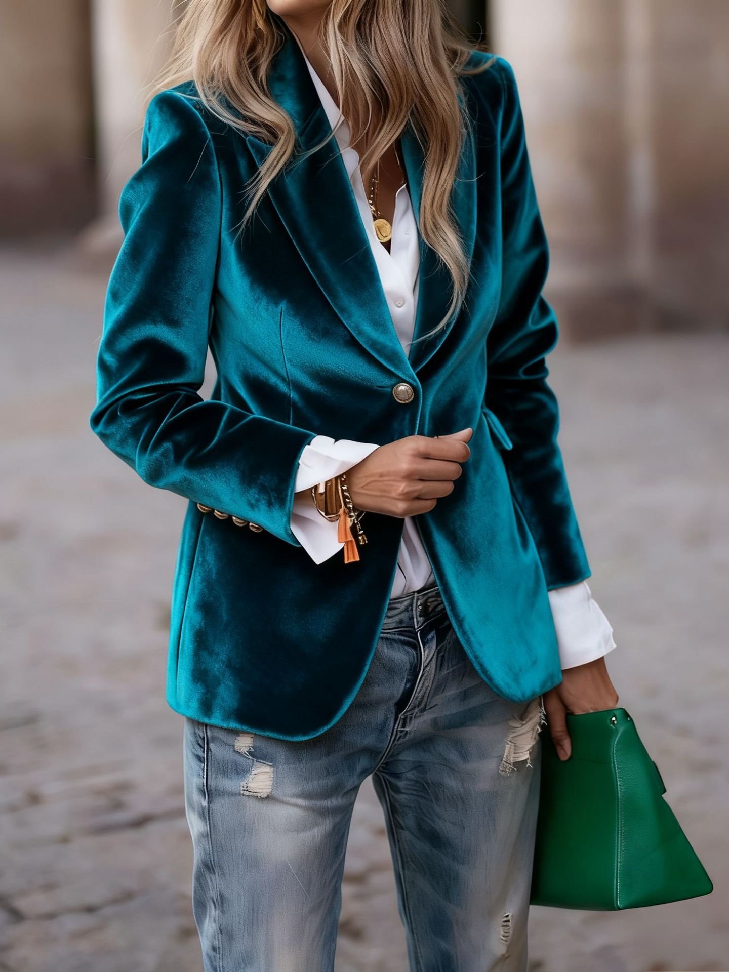 Women Plain Spring/Fall Outerwear Vintage Split Joint Long Sleeve Lapel Collar Regular Blazer