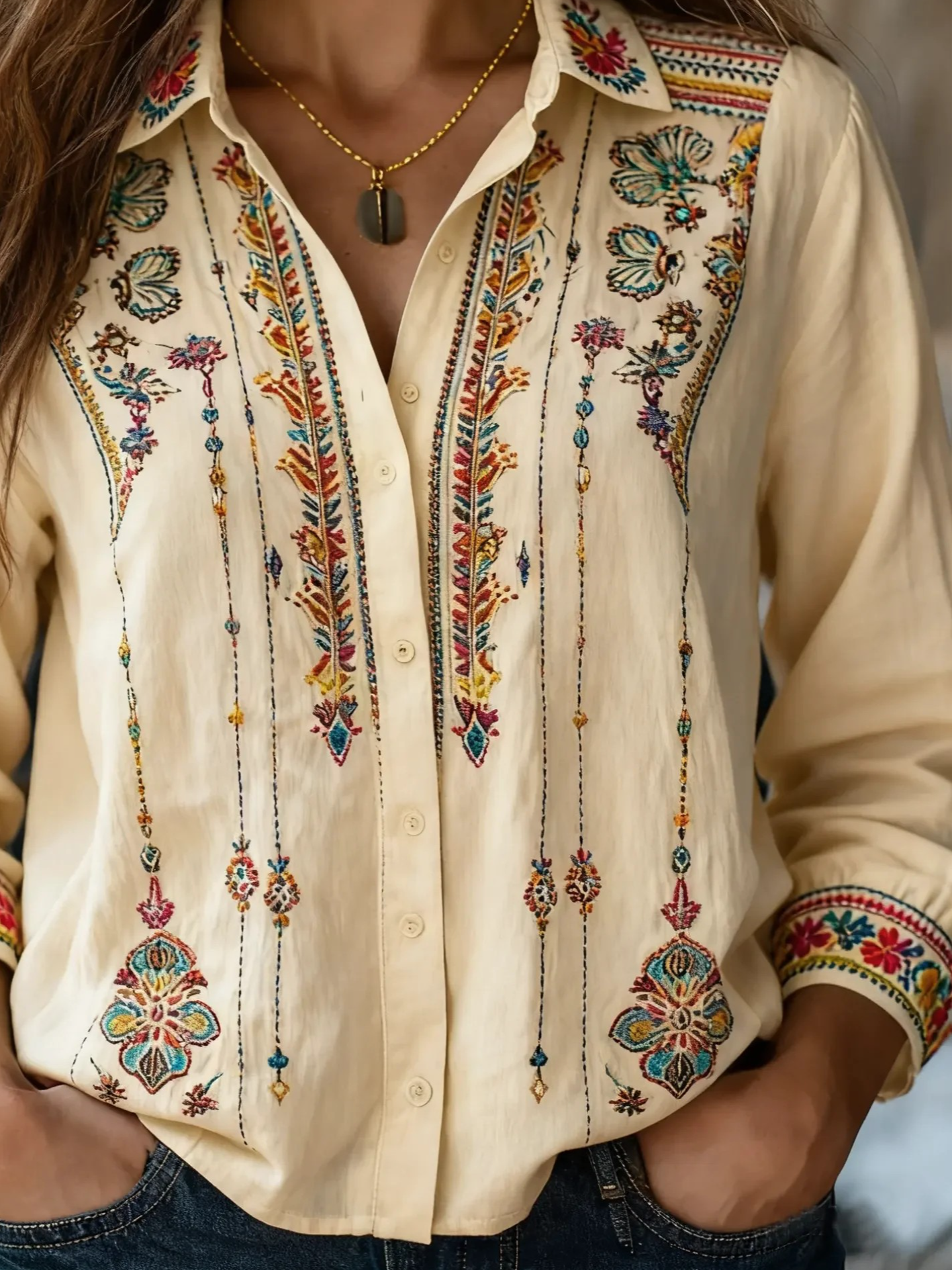 Shawl Collar Long Sleeve Geometric Regular Loose Shirt For Women