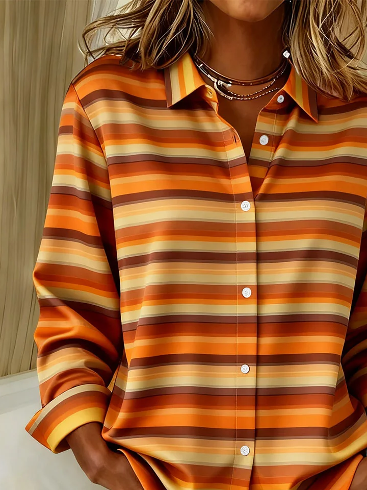 Shirt Collar Regular Sleeve Long Sleeve Striped Buckle Regular Loose Button Up Shirt Shirt For Women