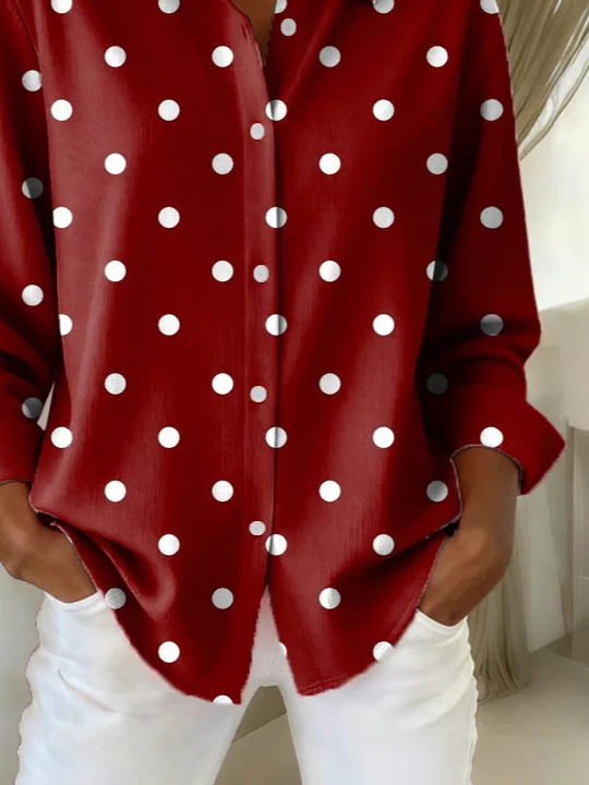Shirt Collar Regular Sleeve Long Sleeve Polka Dots Buckle Regular Loose Button Up Shirt Shirt For Women