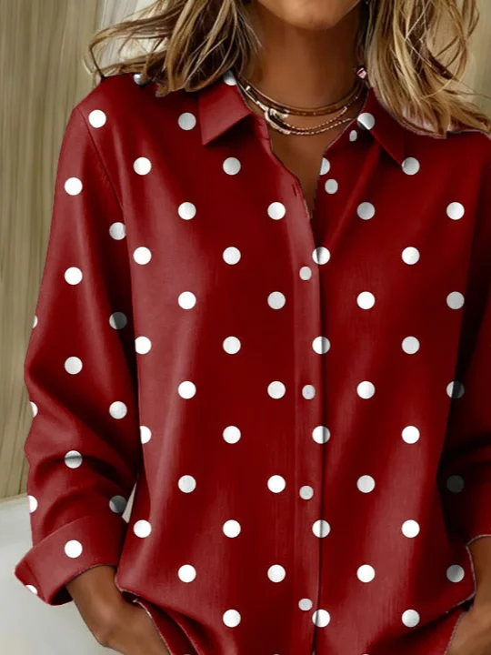 Shirt Collar Regular Sleeve Long Sleeve Polka Dots Buckle Regular Loose Button Up Shirt Shirt For Women