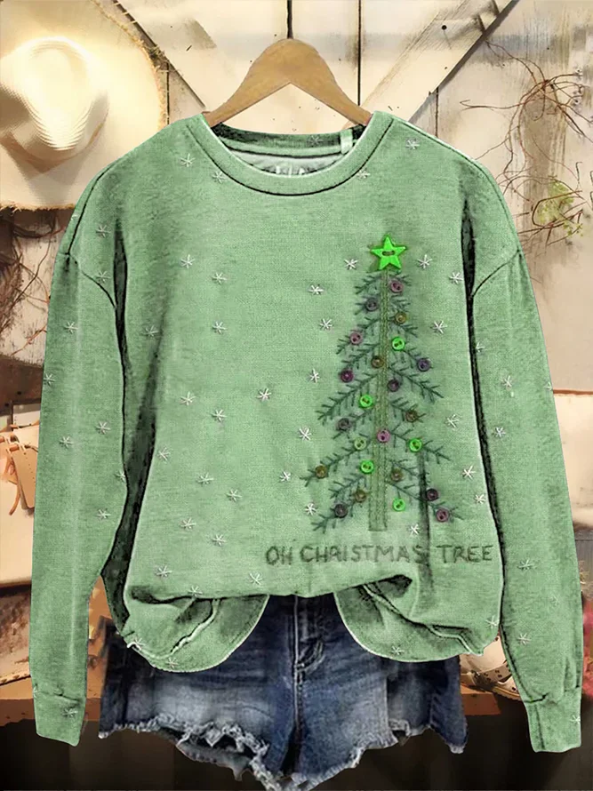 Casual Crew Neck Christmas Sweatshirt Printing