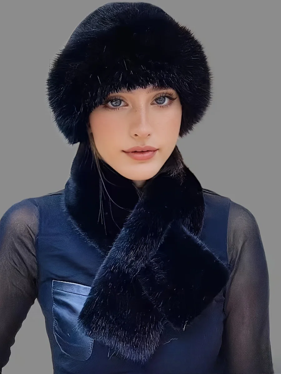 Winter Mongolian Hat, Plush Hat And Scarf For Women Thickened Warm Stylish Ear-covering Hat Faux Mink Fur 2-piece Set