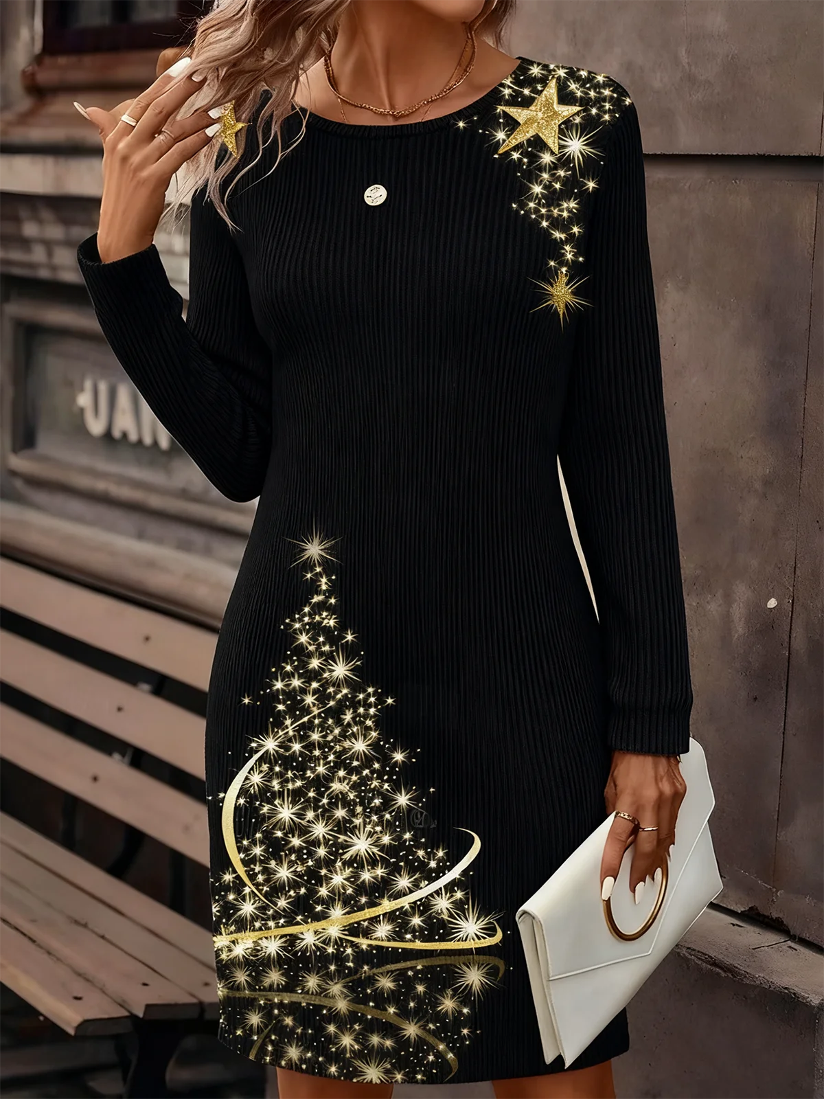 Women Christmas Autumn Dress Crew Neck Long Sleeve H-Line Dress