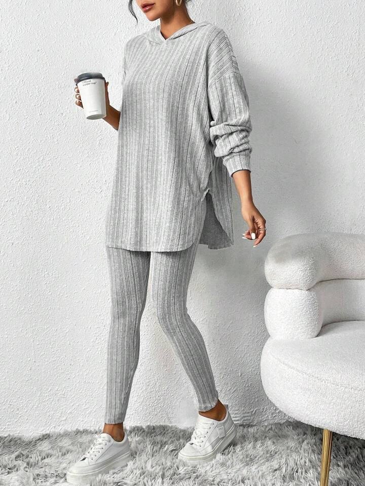 Women Plain Embossed Two-Piece Set Daily Long Sleeve Casual Spring/Fall Top With Pants Matching Set