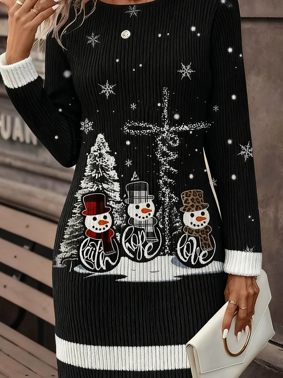 Women Christmas Autumn Dress Crew Neck Long Sleeve H-Line Dress