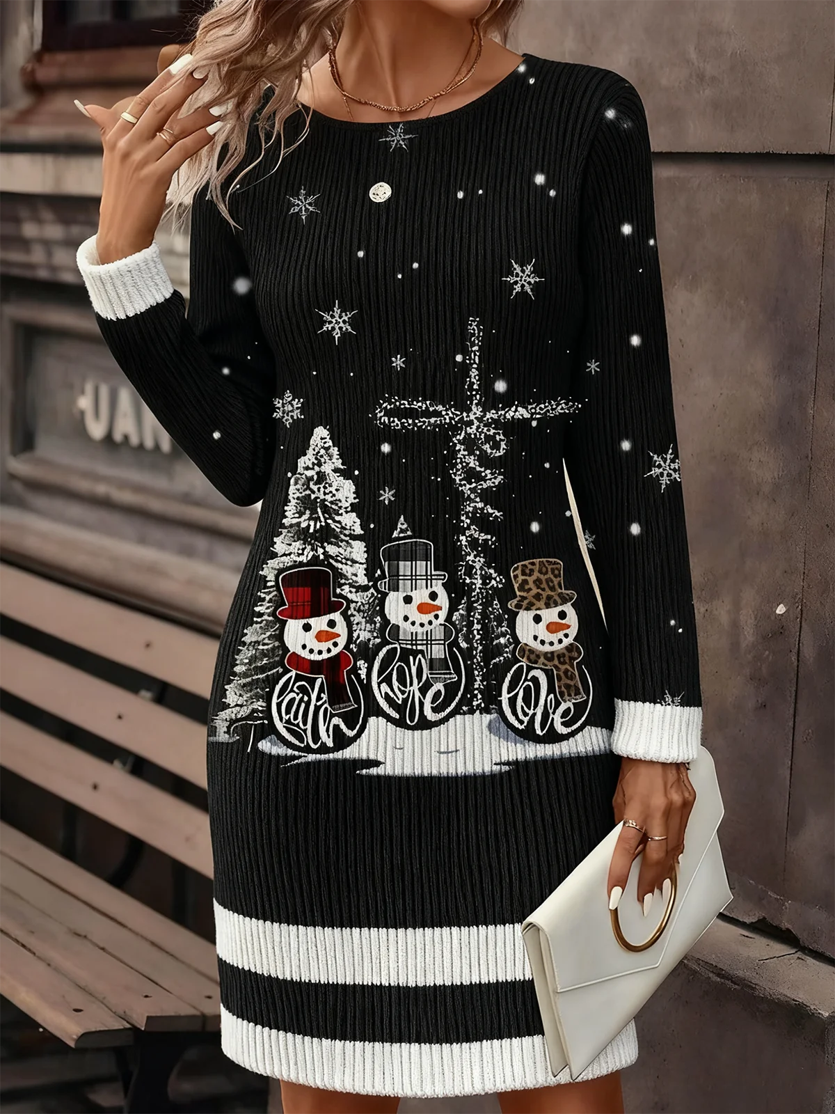 Women Christmas Autumn Dress Crew Neck Long Sleeve H-Line Dress
