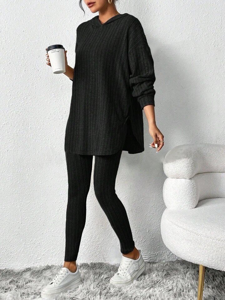 Women Plain Embossed Two-Piece Set Daily Long Sleeve Casual Spring/Fall Top With Pants Matching Set