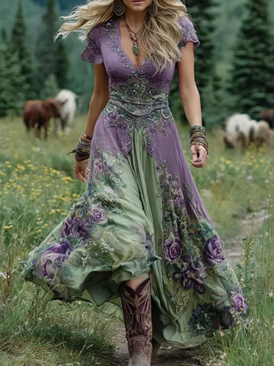 Women Floral Summer Dress V Neck Short Sleeve A-Line Dress